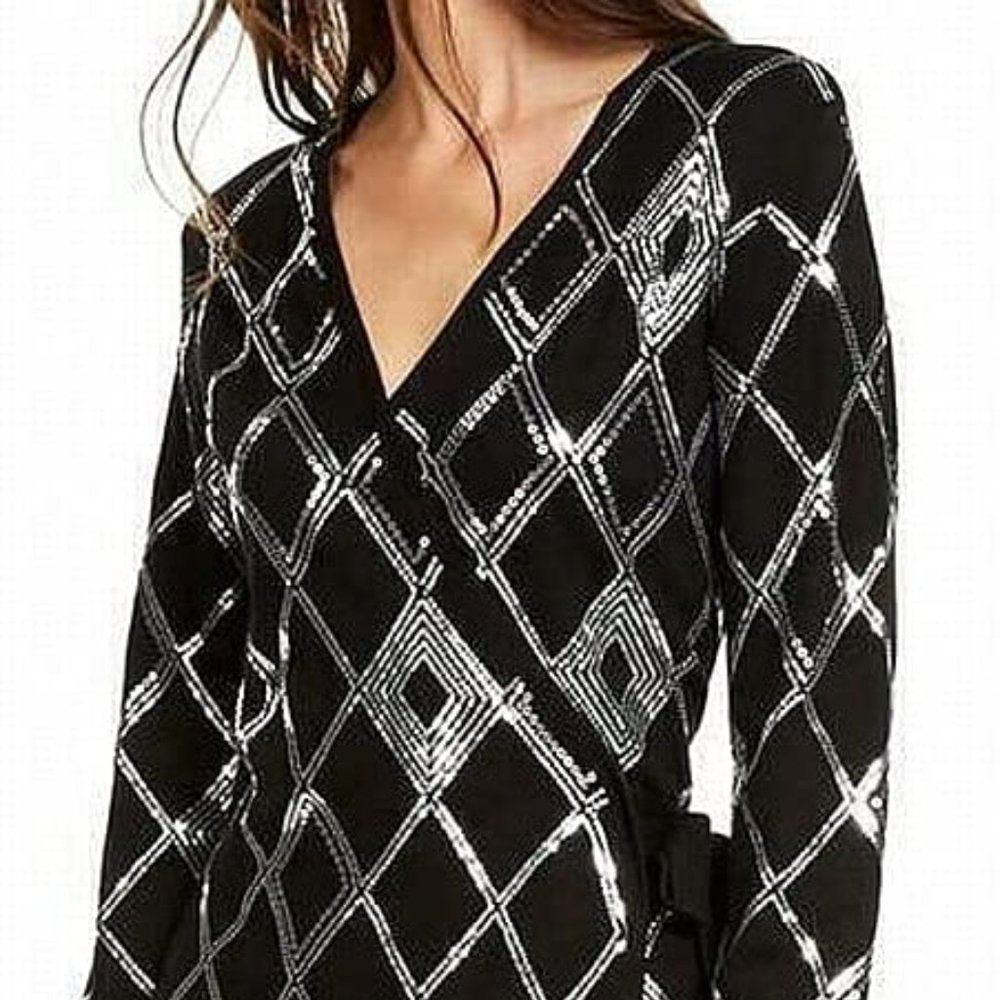 INC International Concepts Lattice Sequin Wrap Dress, Black and Silver, Size XL